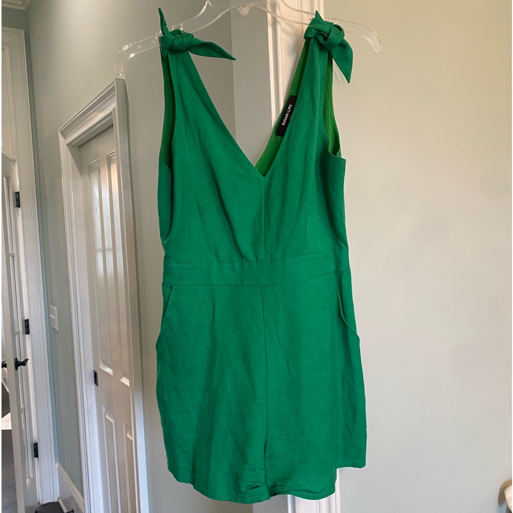 Sugar Lips Bright Green Linen Romper, Size Xs